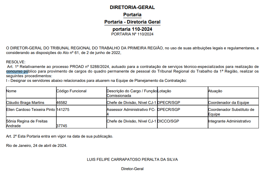 Concurso TRT RJ: equipe de planejamento de contratação designada