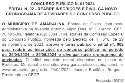 Edital de reabertura das inscrições do Concurso para a Prefeitura de Amaralina