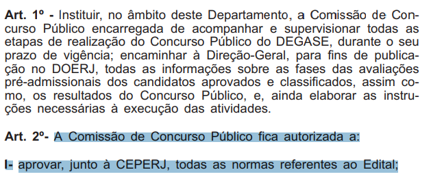 Documento sobre a comissão do Concurso DEGASE