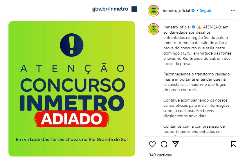 Concurso INMETRO: provas adiadas (anúncio pelo Instagram)