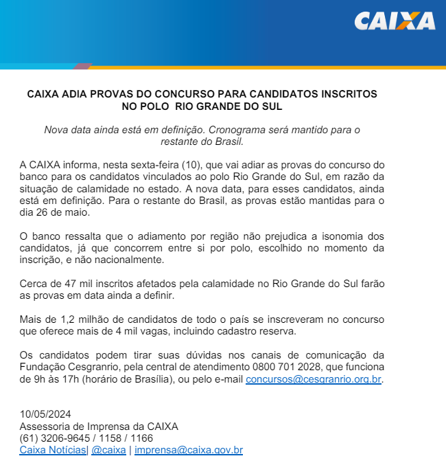 Concurso CAIXA adia suas provas no Rio Grande do Sul