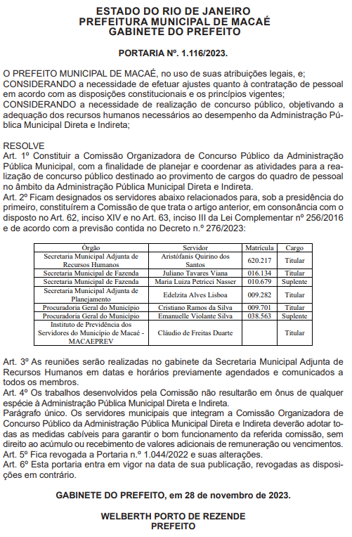 Portaria de constituição da comissão organizadora do novo edital