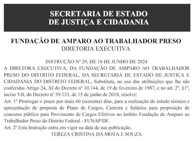 concurso FUNAP DF: prorrogação por mais 60 dias para realização de estudos técnicos 