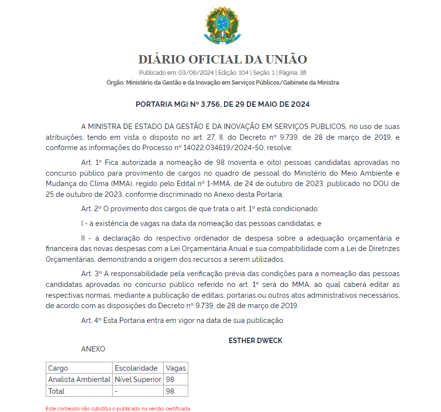 Autorizada nomeação de 98 aprovados no concurso MMA