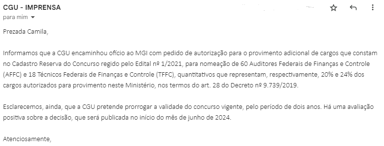 CGU quer convocação de excedentes 