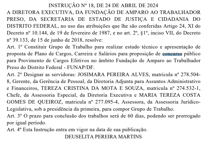 Documento de formação do Grupo de Trabalho para o próximo concurso FUNAP DF