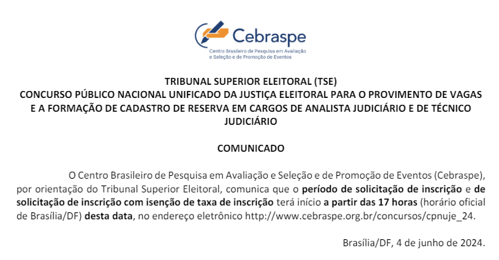 Inscrições para o concurso TSE Unificado se iniciam nesta terça-feira, 04 de junho, às 17h.