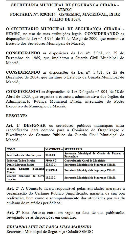 comissão formada para concurso guarda de maceió