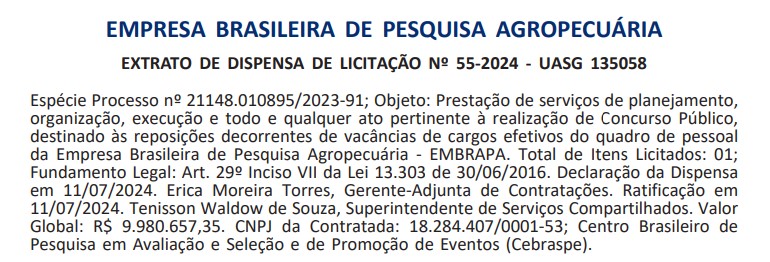 Concurso Embrapa: extrato de dispensa de licitação (Cebraspe)