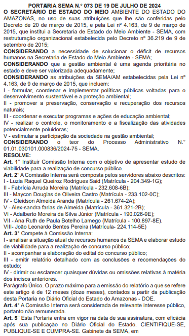 Concurso SEMA AM: comissão formada para estudos