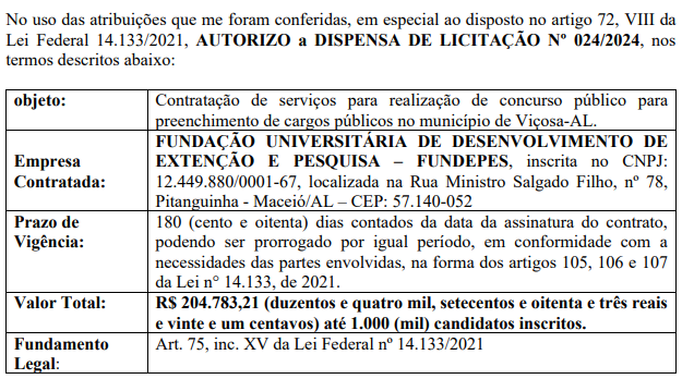 Documento de dispensa de licitação que confirma a Copeve/Fundepes como banca