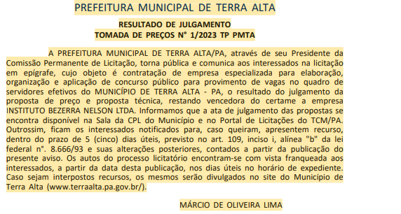 Concurso Prefeitura de Terra Alta: banca definida!