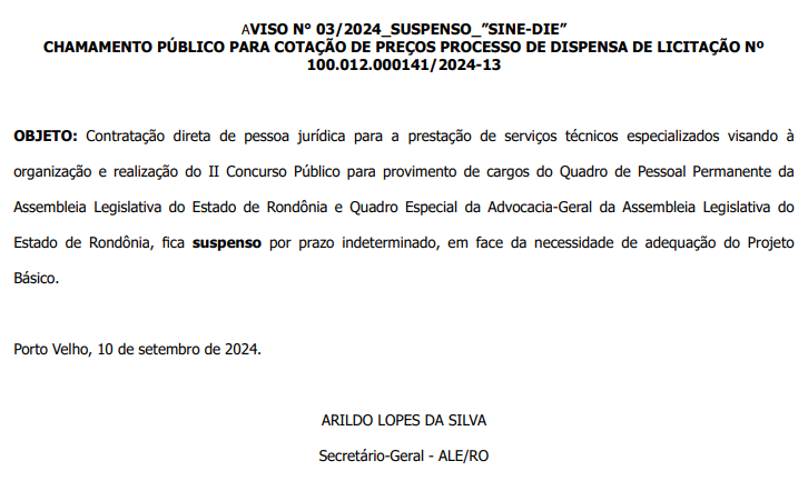 Licitação para contratação da banca do concurso ALE RO é suspensa