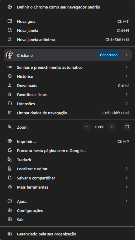 Figura 2 – Menu de Personalizações e Controles do Google Chrome.