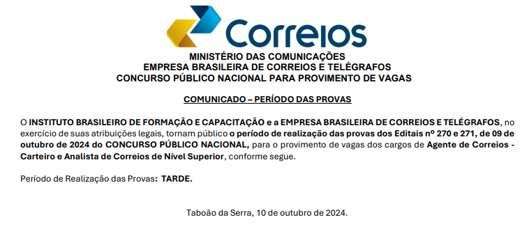 Concurso Correios: documento sobre provas