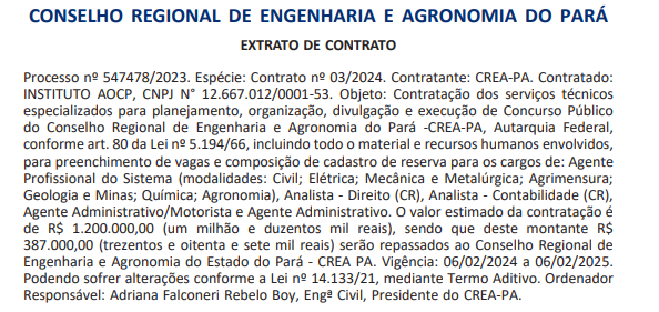 Extrato de contrato entre o CREA PA e o Instituto AOCP. 