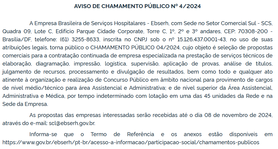 Chamamento para contratação da banca do concurso EBSERH