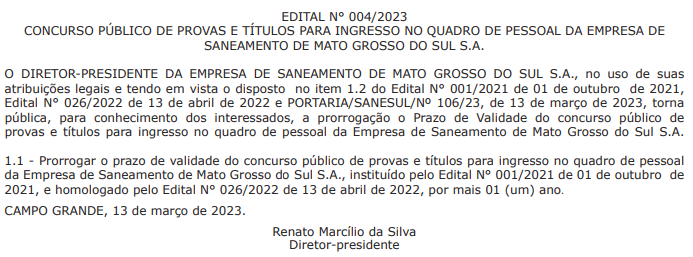 Concurso Sanesul prorrogação