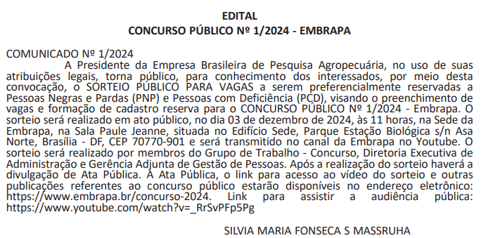 Concurso Embrapa: sorteio público para vagas em dezembro