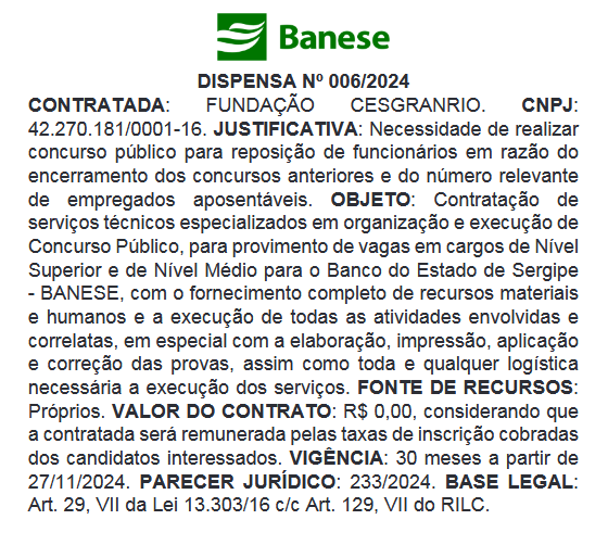 concurso banese dispensa de licitação