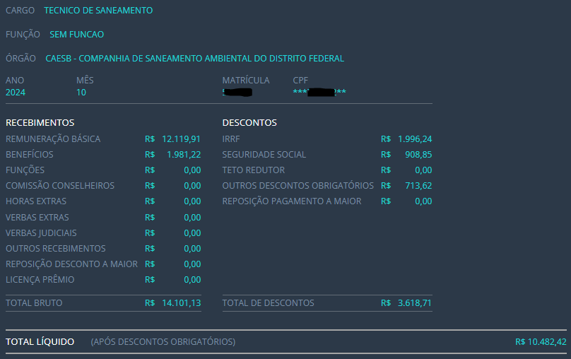 Exemplo real de remuneração - Técnico de Saneamento