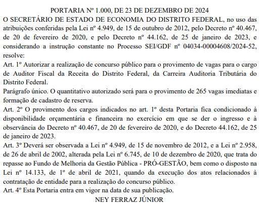 Divulgada no Diário Oficial autorização do concurso Sefaz DF