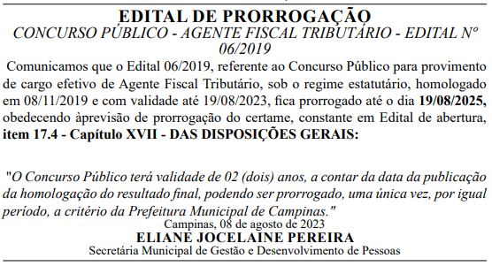 Prorrogação da validade do concurso ISS Campinas para o cargo de Agente Fiscal 