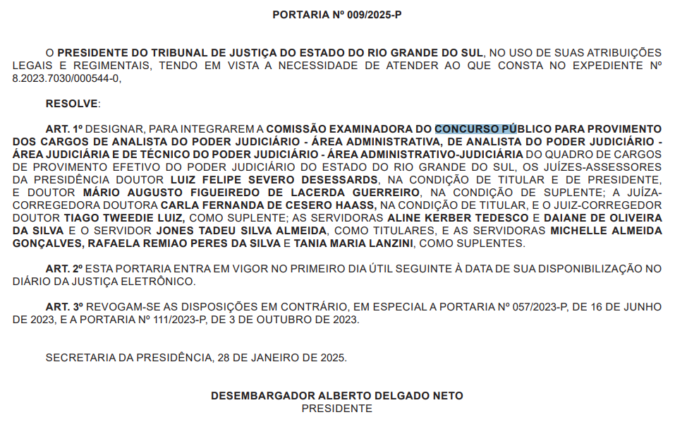 Concurso TJ RS: comissão formada