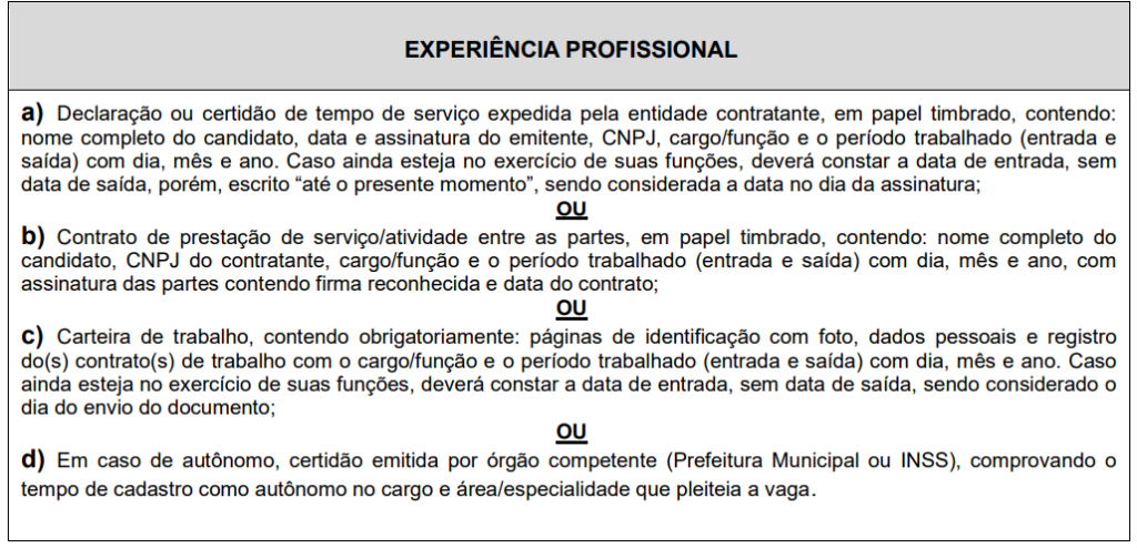 Concurso SAAE Paraisópolis MG: Prova de títulos - Experiência profissional