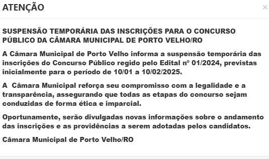 Inscrições do concurso Câmara de Porto Velho são suspensas