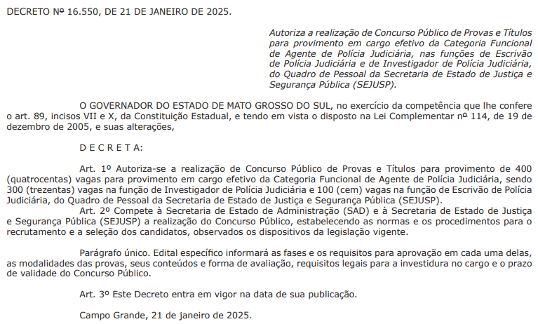 Concurso PC MS é autorizado com 400 vagas