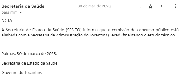 Nota da SES TO sobre o andamento do concurso