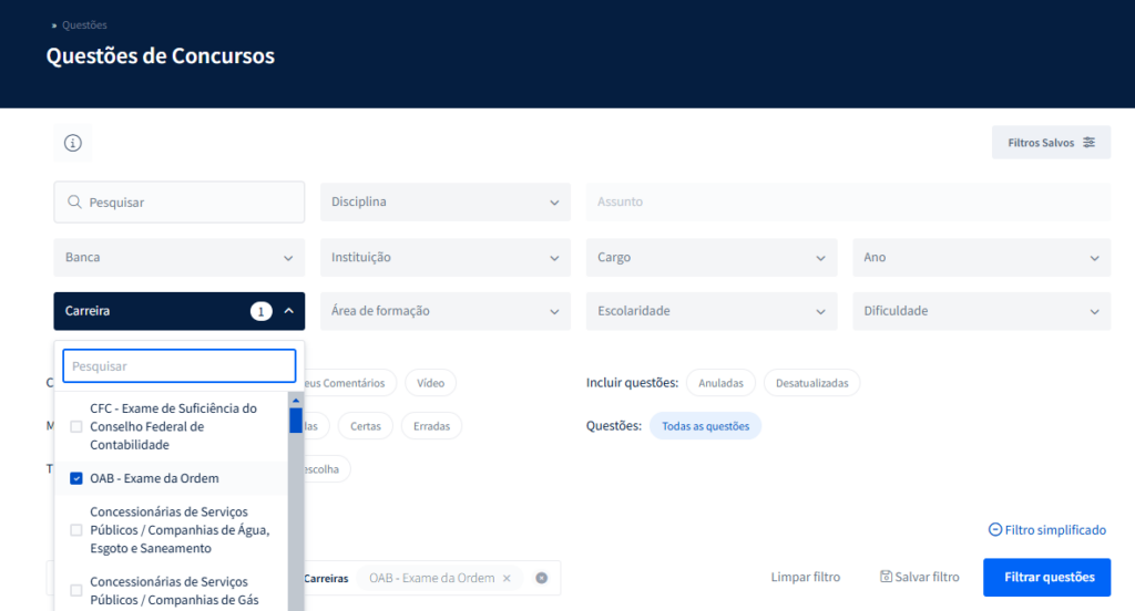 Prova OAB: filtro de questões