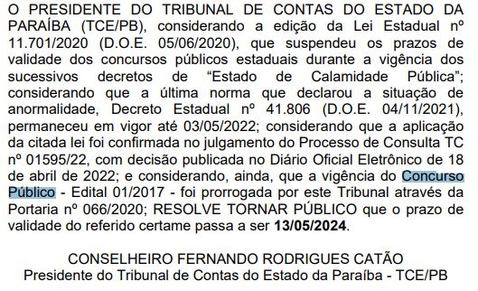 Prorrogação da validade do último concurso tce pb