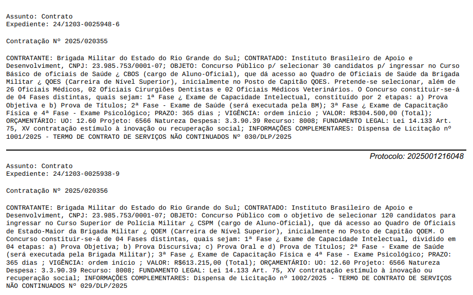Concurso Brigada Militar RS Oficial: Extrato de contrato com a banca