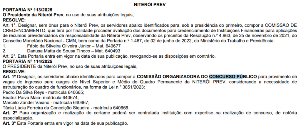 Concurso NITERÓI PREV: nova comissão