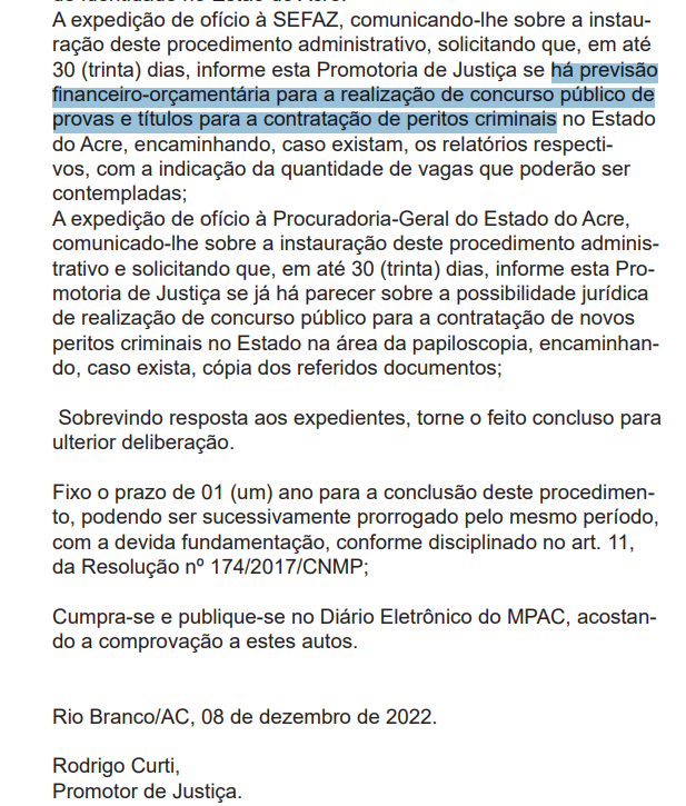 MP AC solicita informações sobre concurso Polícia Civil AC