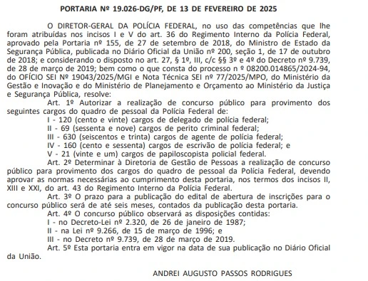 Autorização do concurso PF para Delegado da Polícia Federal