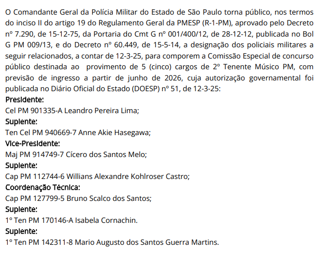 Comissão do concurso PM SP 2025 para Oficial Músico