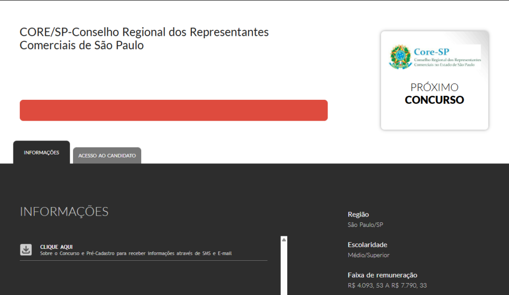 Concurso CORE SP: página do certame no site da Quadrix