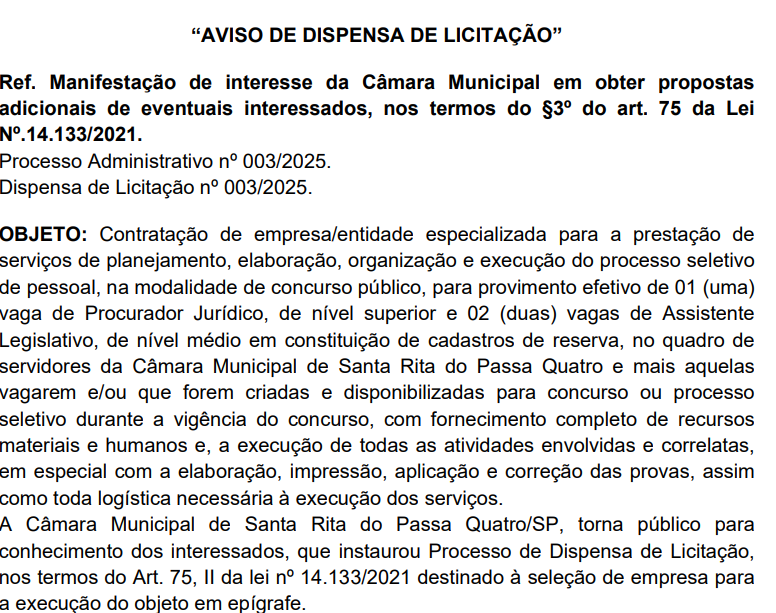 Contratação da banca em breve do concurso Câmara Santa Rita Passa Quatro