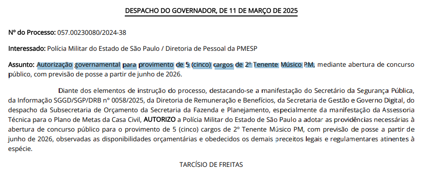 Concurso PM SP: aval para o cargo de 2º Tenente Músico