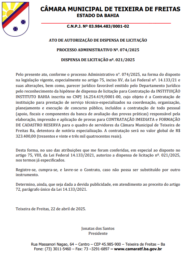 Dispensa de licitação informa a contratação do Instituto Bahia como banca