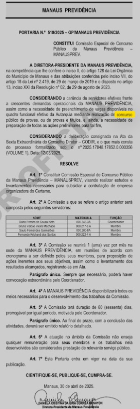 comissão concurso Manausprev