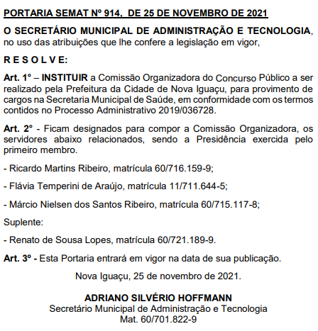 Comissão instituída do concurso Semus Nova Iguaçu