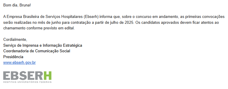 Convocação dos aprovados no concurso EBSERH terá início em junho de 2025