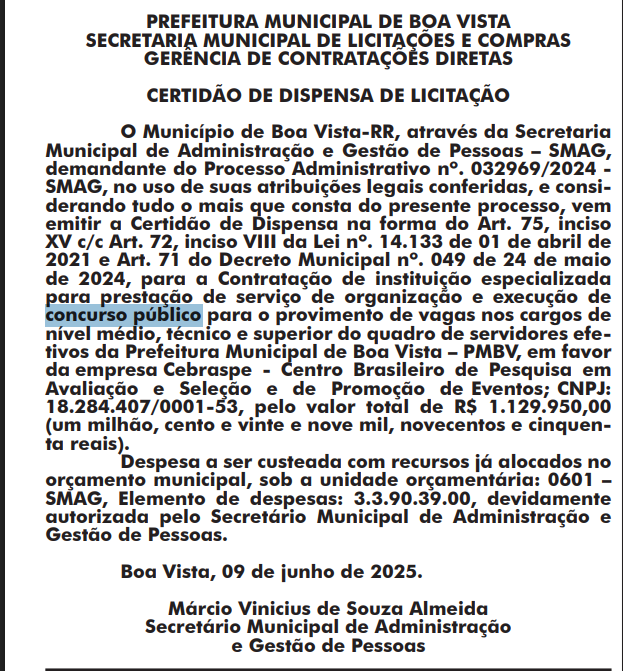 Concurso Boa Vista RR: banca em definição
