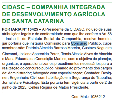 Concurso CIDASC: comissão formada