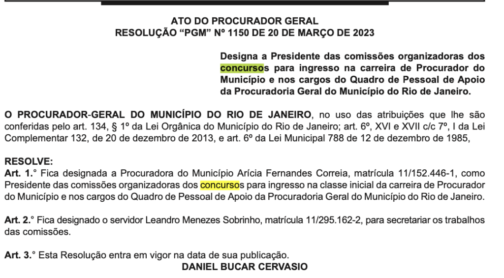 Concurso PGM RJ servidores - comissão formada