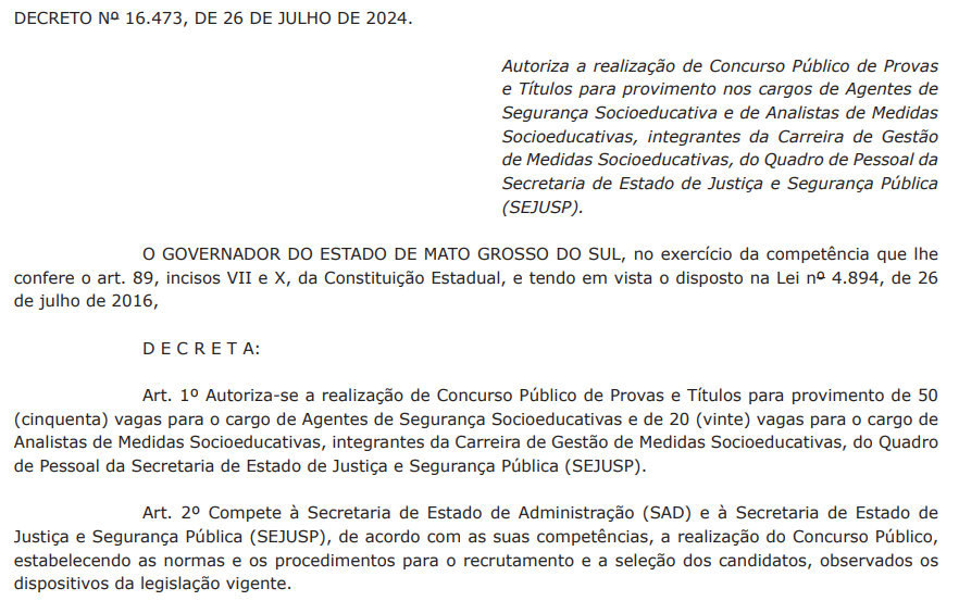 Concurso SEJUSP MS é autorizado com 70 vagas